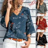 2021 autumn plus size womens tops new 7 point sleeves v neck floral print t shirt casual loose tops pullover ladies t shirt
