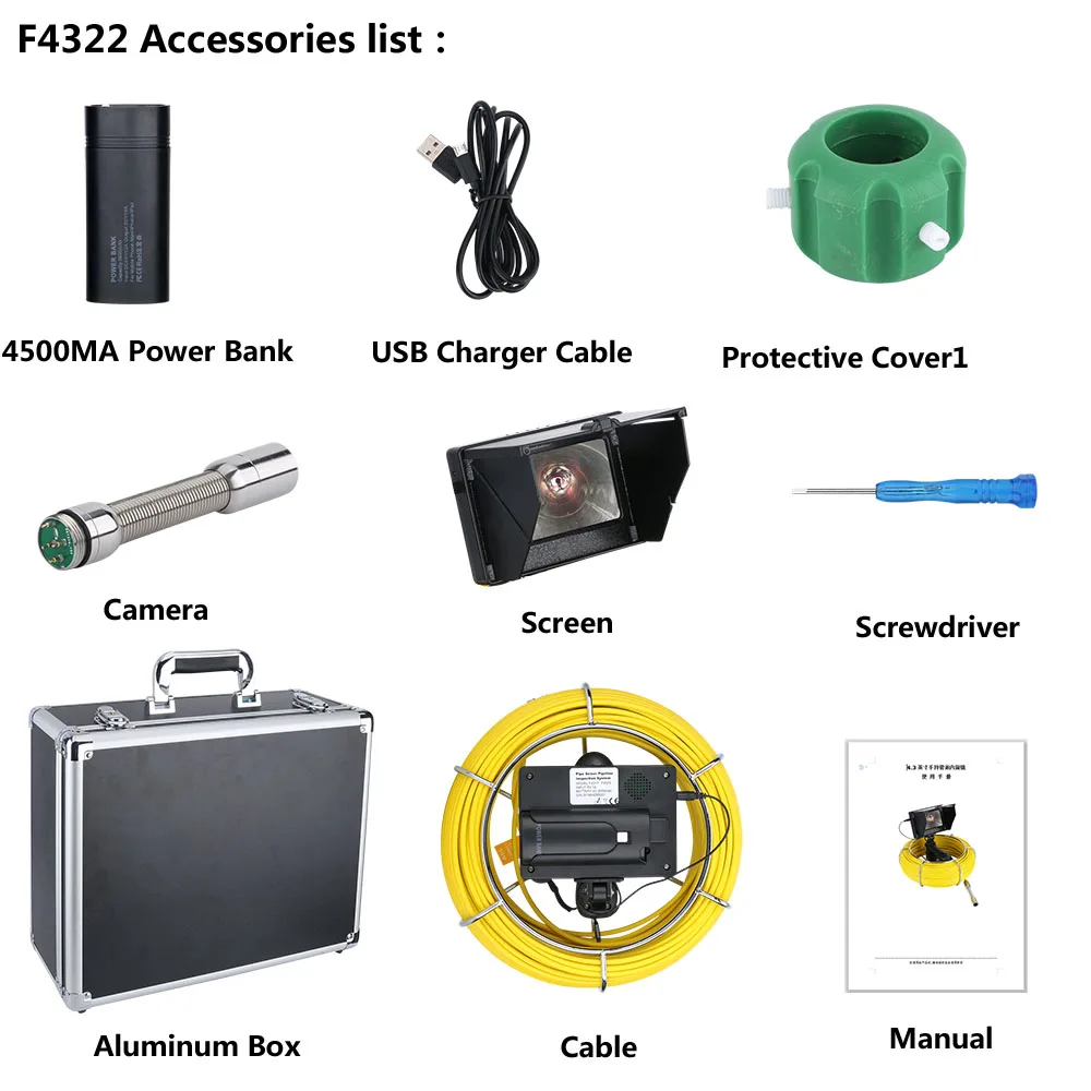 4.3 Inch Sewer Pipe Inspection Camera With 4400mA Power Bank IP68 Waterproof Drain Pipeline Industrial Endoscope Kit 20M/30M/50M
