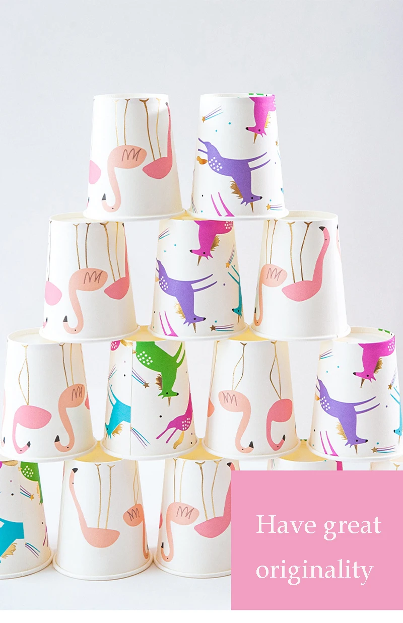 8pcs Party Disposable Paper Cups Juice Cup Cartoon Flamingo DIY Decor Baby Shower Kids Birthday Wedding Picnic Tableware Supply