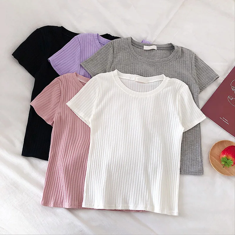 

Abrini Women 2021 Solid O-Neck Woman Knitted Top Ribbed Slimming Basic Slim Elastic Tees Female Short Sleeve Casual Summer