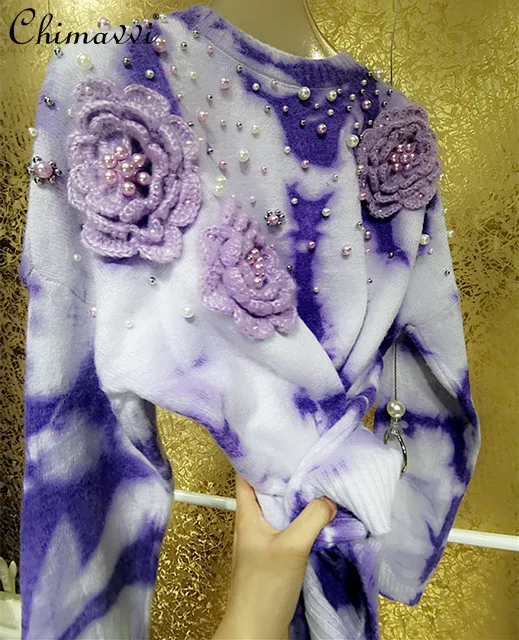 

Beaded Purple Crocheted Flower Loose Sweater Women Luxury Long Sleeve Casual Jumper Female Winter High Street Pullovers