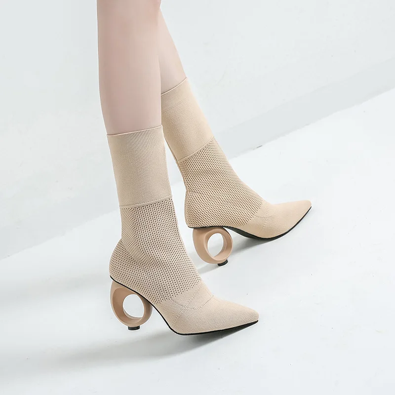 

Free shipping fashion women pumps black STRETCH Point toe high heels short sock boots 2 color