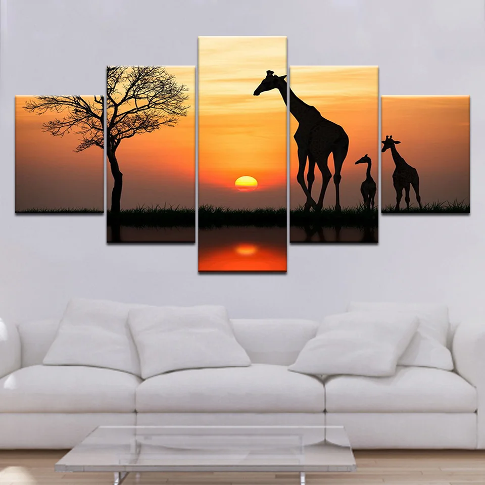 

Abstract Photo Wallpaper Frame Paintings 5 Panel Giraffes Wall Sunset Landscape Pictures For Living Room Modern Decor