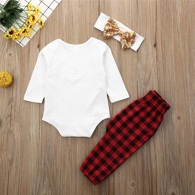 Hot Sale Baby Christmas Outfits My First Girl Boys Clothes Set Cute Bodysuit+Plaid Pants+Headband | Детская одежда и обувь