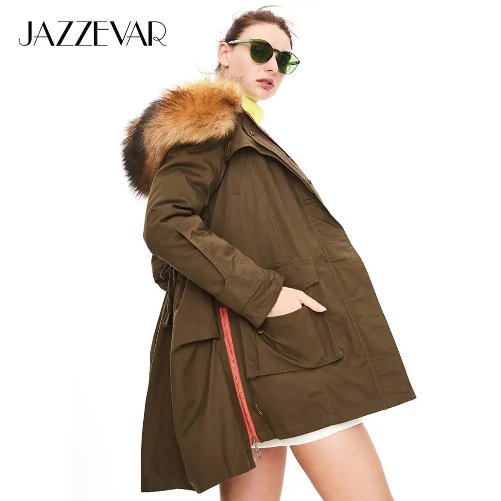 JAZZEVAR Новинка зимняя куртка пальто женские парки армейский зеленый большой воротник из меха енота с капюшоном женская верхняя одежда свободная одежда