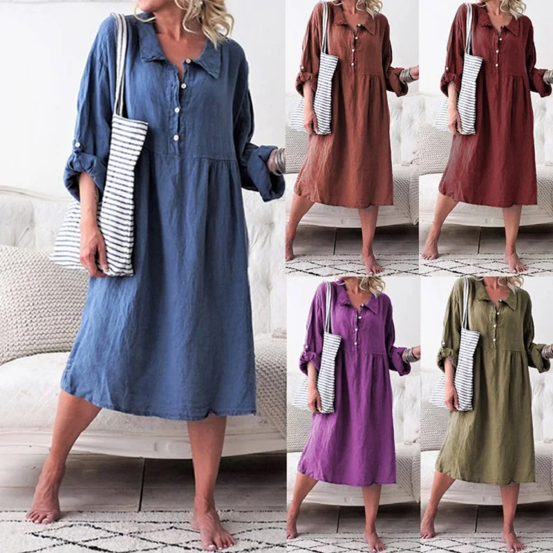 

S-2XL cotton new spring and summer shirt dress retro dress party oversized long beach female dress loose robe solid color