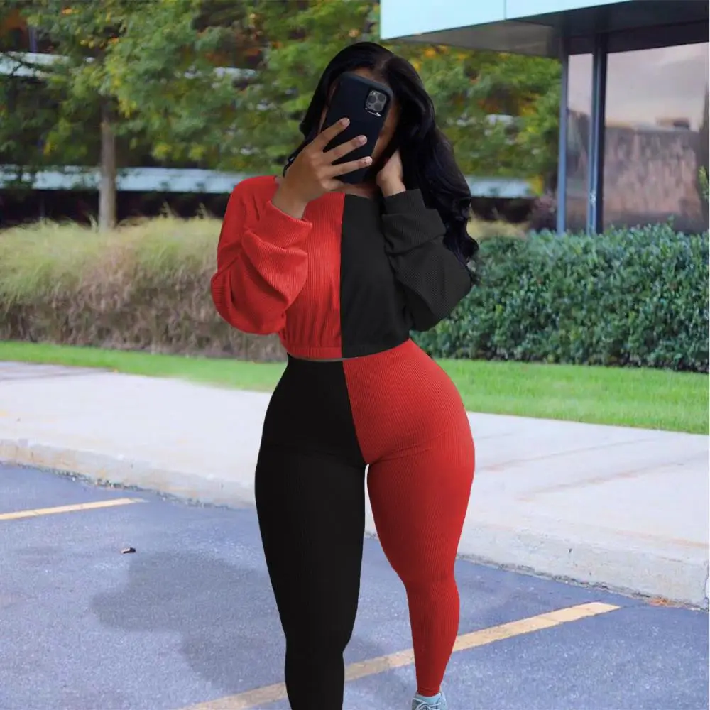 

Women Sportswear Athleisure Active Wear 2pcs Rib Knit Co-ord Outfits Contrast Color Full Sleeve Sporty Top and Skinny Sweatpants