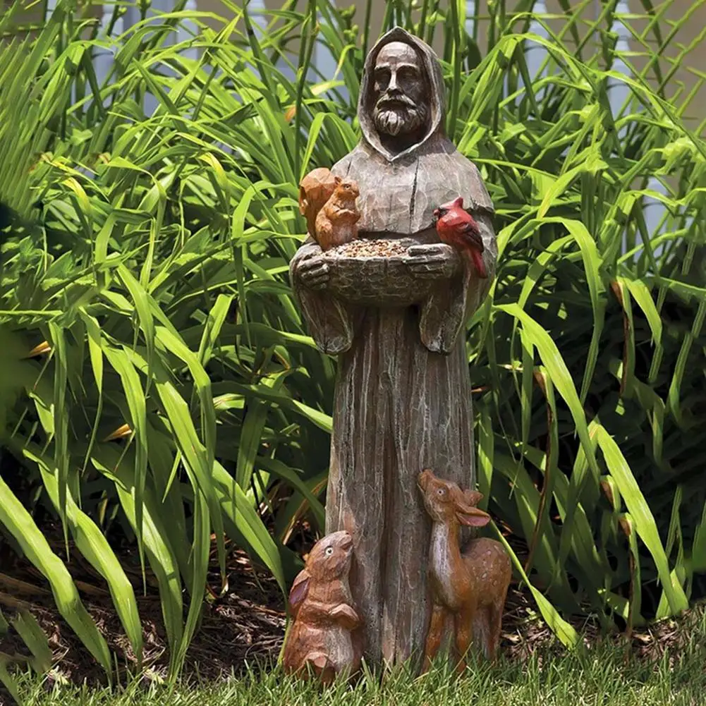 

St. Francis and Friends Garden Statuary with Birds Feeder Creative Resin Crafts Statue for Garden Courtyard Decoration