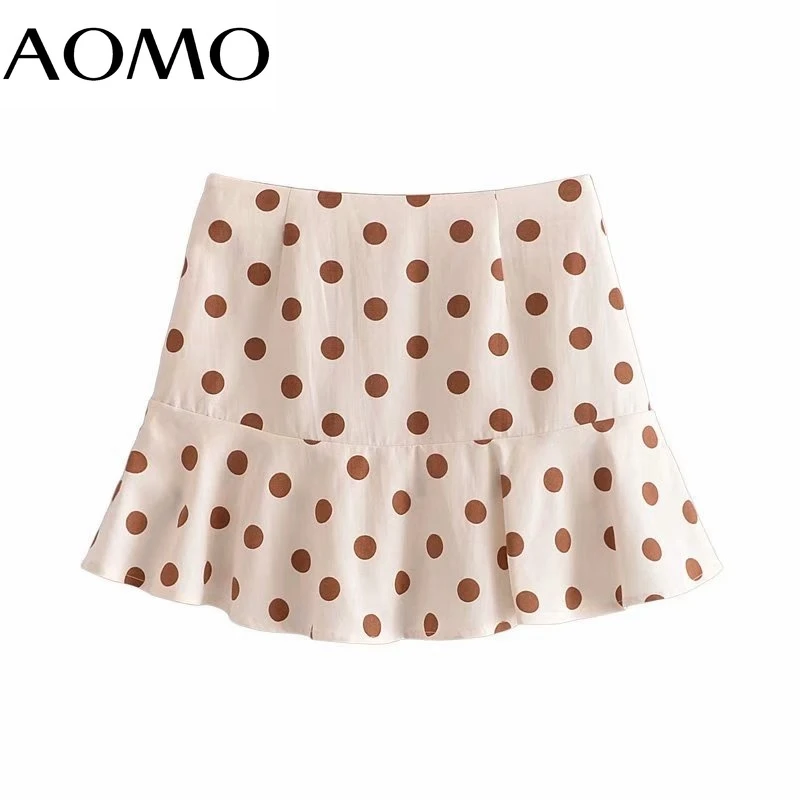 

AOMO 2021 Women Ruffles Dots Print Skirts Faldas Mujer Zipper French Style Female Mini Skirt 3H528A