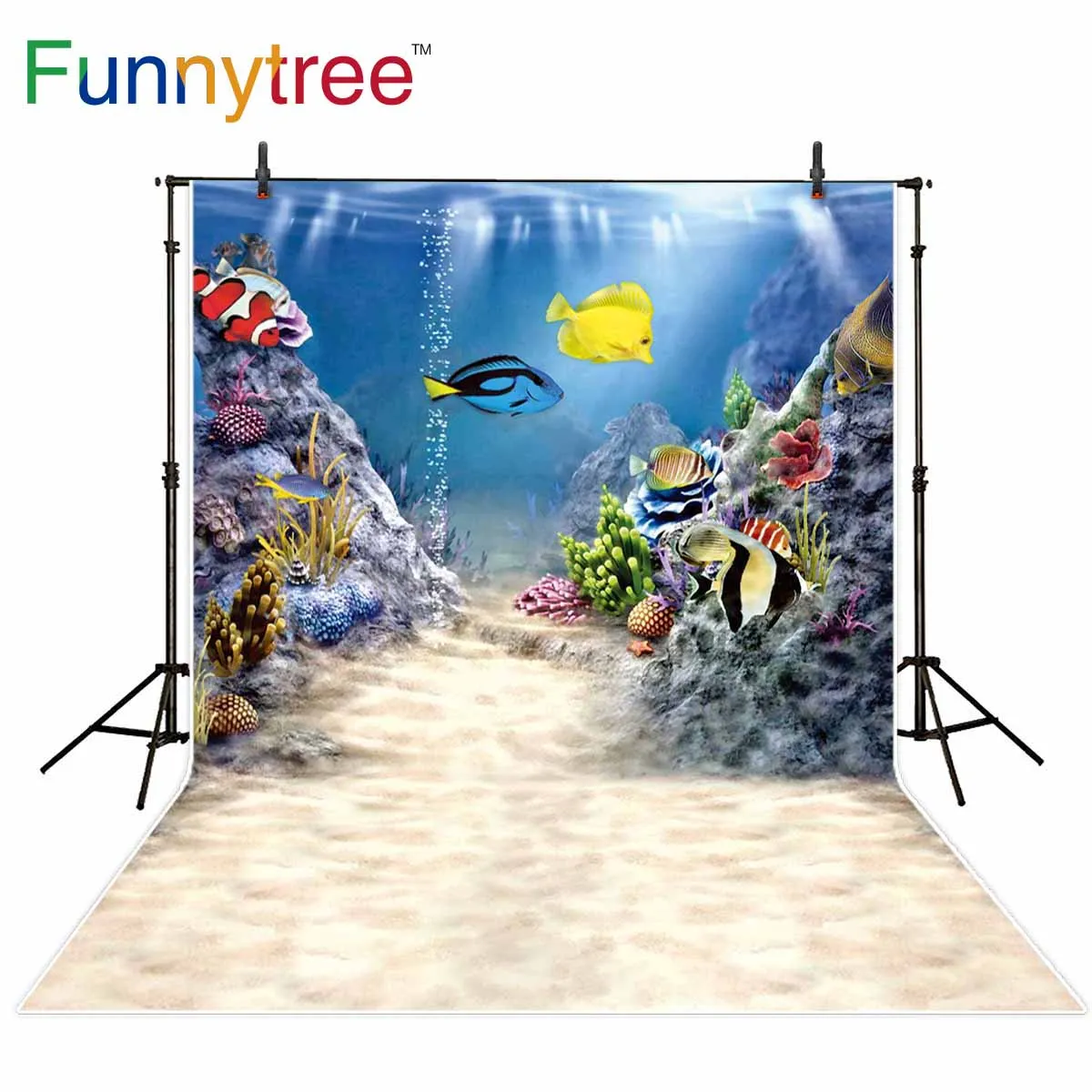 

Funnytree Фон фотографии летний «Подводное царство» вечерние Тропические рыбы кораллового цвета для малышей Фото фон для студийного фотографи...