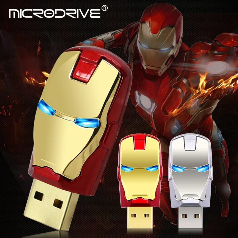 Железный человек, USB флеш-накопитель, 8 ГБ, 16 ГБ, 32 ГБ, 64 ГБ, 128 ГБ, металлический USB флеш-накопитель, светодиодный светильник, флеш-накопители, флеш-накопители, мужской подарок
