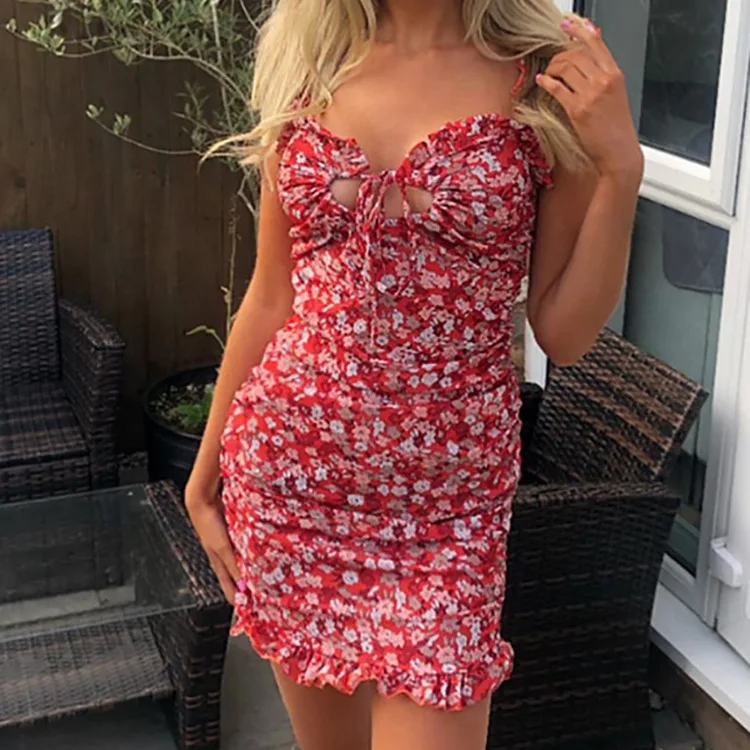 

2021 Women's Sexy Printed Low-Cut Lace-up Slim Irregular Hip Dress