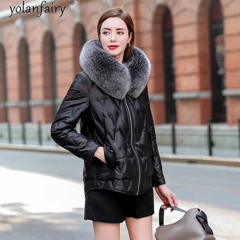 

Женская куртка из натуральной кожи, с воротником из натурального Лисьего меха, пальто из 100% овчины, женская зимняя куртка на утином пуху, Кор...