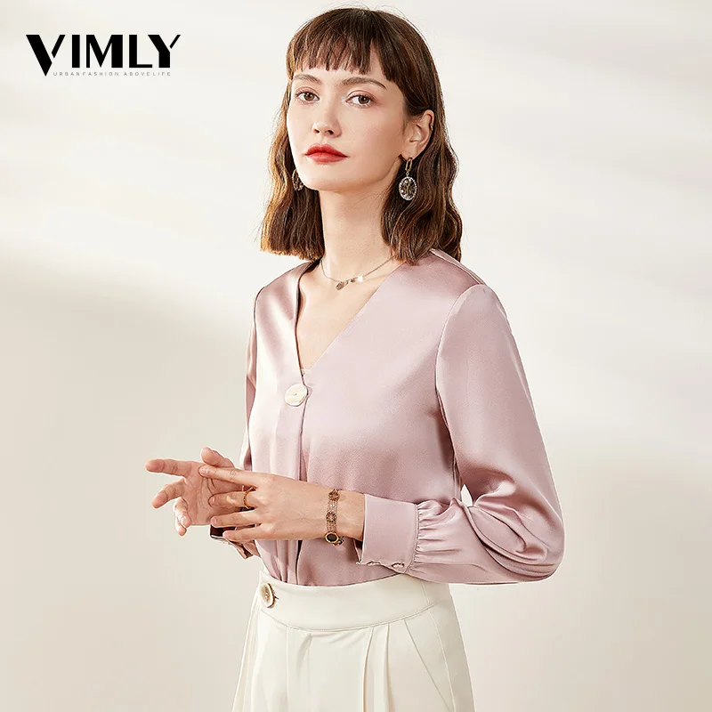 Vimly Офисная Женская Элегантная атласная блузка с v образным вырезом рубашка весна