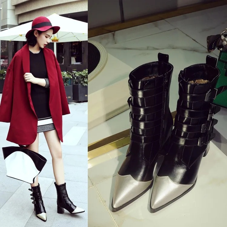 Женские ботинки-мартинсы с острым носком на высоком каблуке | Обувь