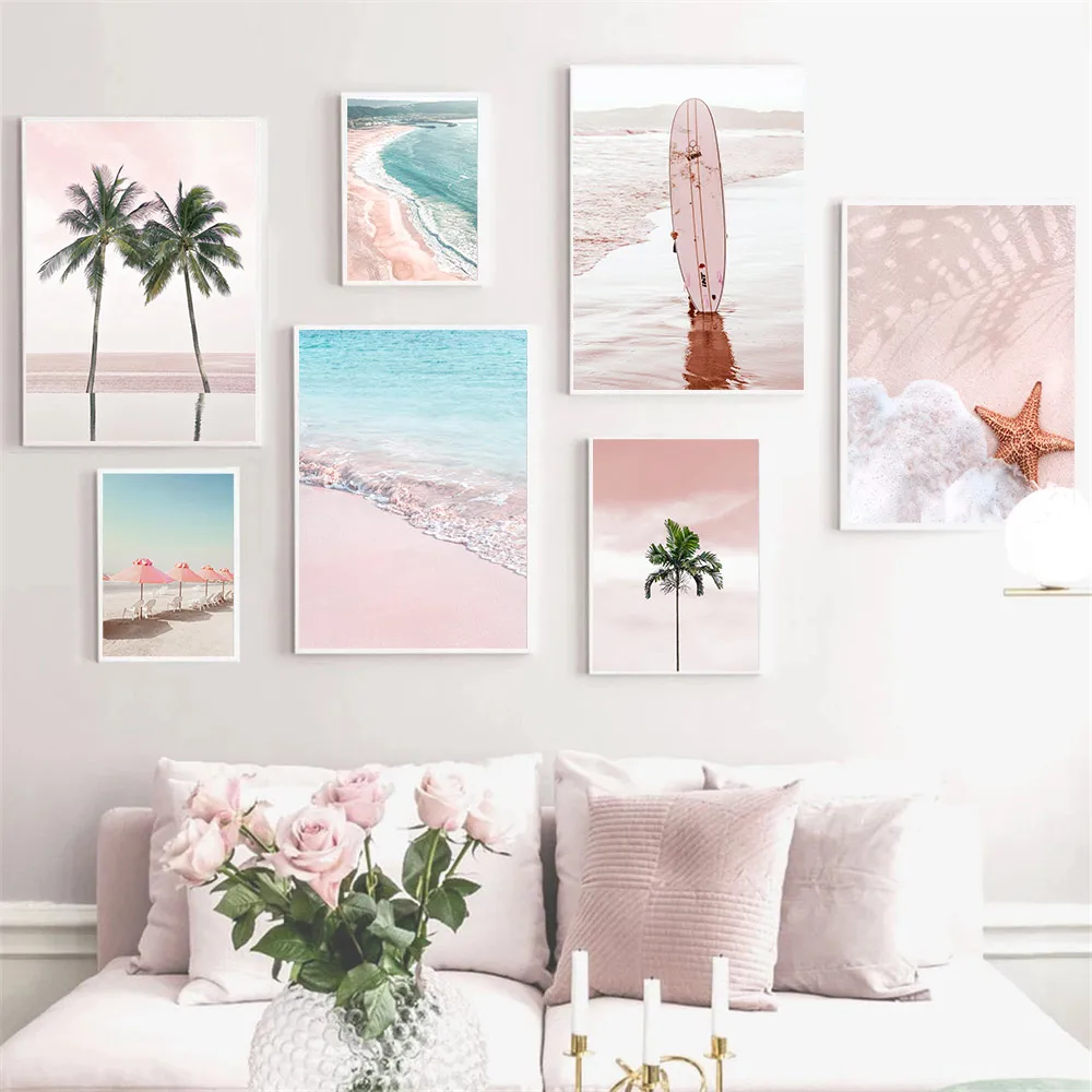 

Pink Beach Palm Tree Canvas Painting Ocean Waves Starfish Poster Surfboard Wall Art Print Nordic Wall Pictures Living Room Decor