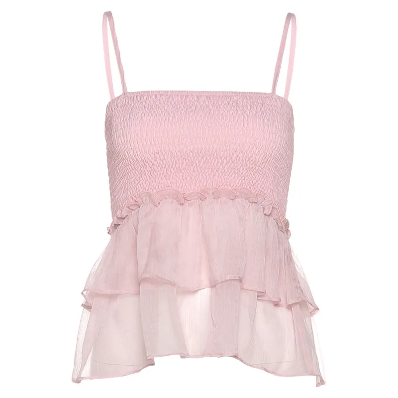 

MosiMolly Pretty Ruffle Camisole Tops Women Bodycon Strap Tube Tops Shirt 2021 Summer Boho Beach