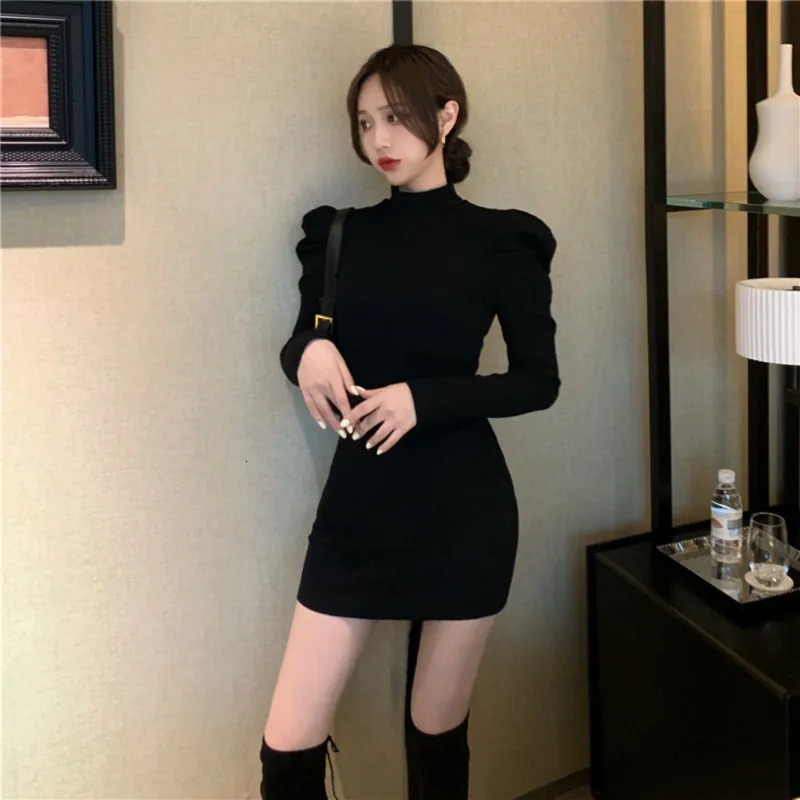 Fashion Puff Sleeve Knitting Exclusive Jumper Dress Women Autumn Turtleneck Mini Vintage Sexy Bodycon club Party | Женская одежда
