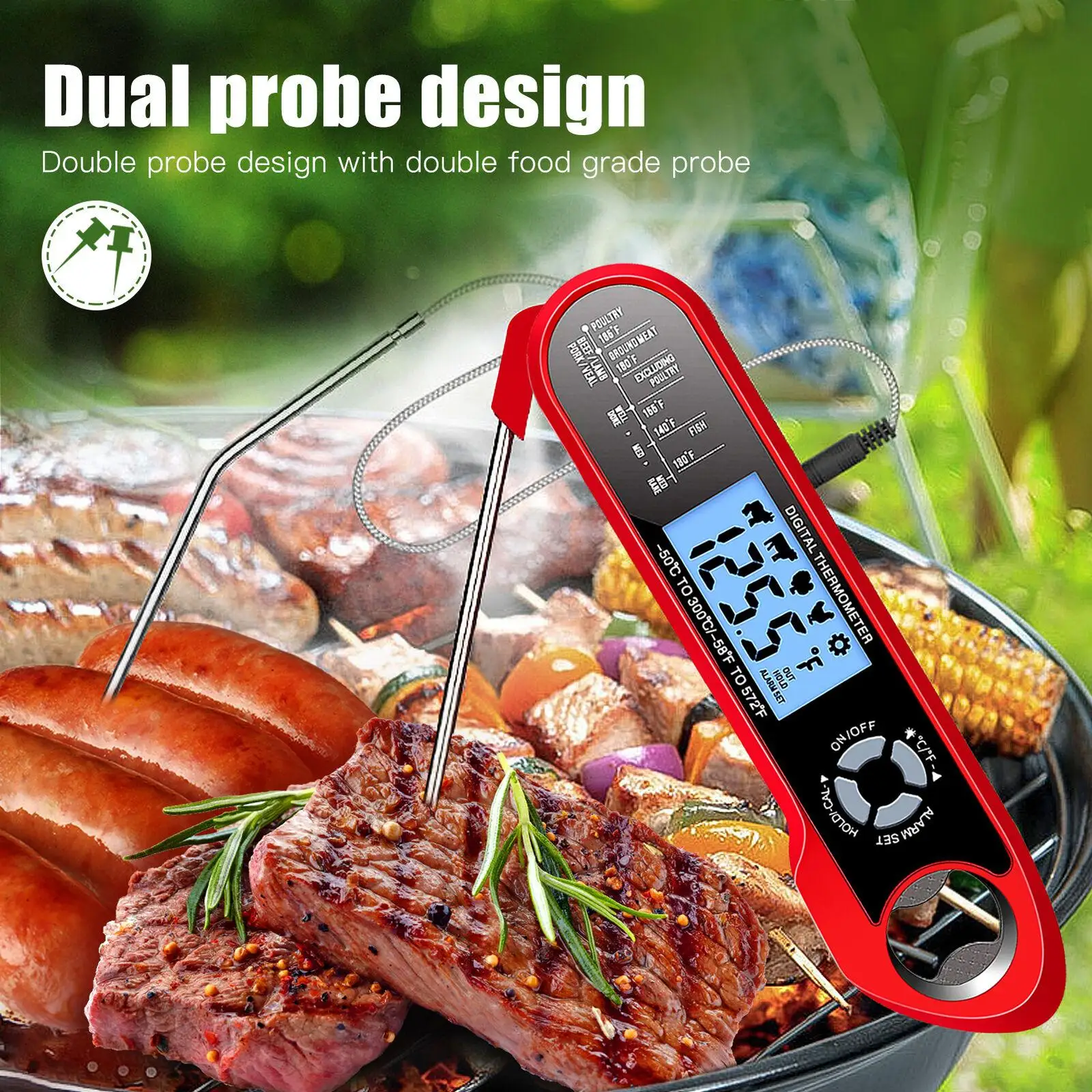 

Meat Thermometer Instant Read Food w/ Folding Dual Probes Backlight for BBQ