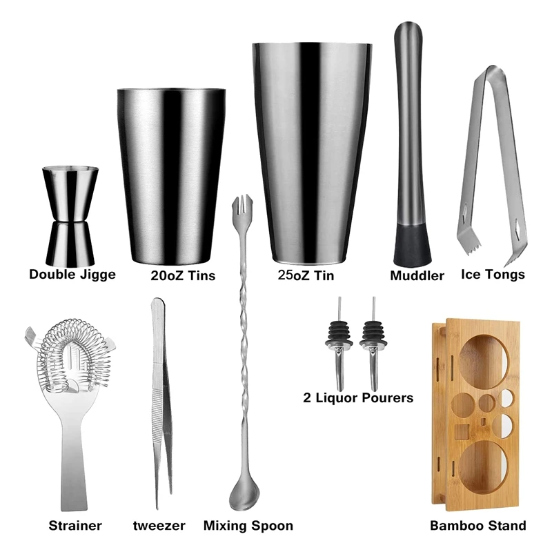11 шт. набор для барменов из нержавеющей стали с бамбуковой основой аксессуары