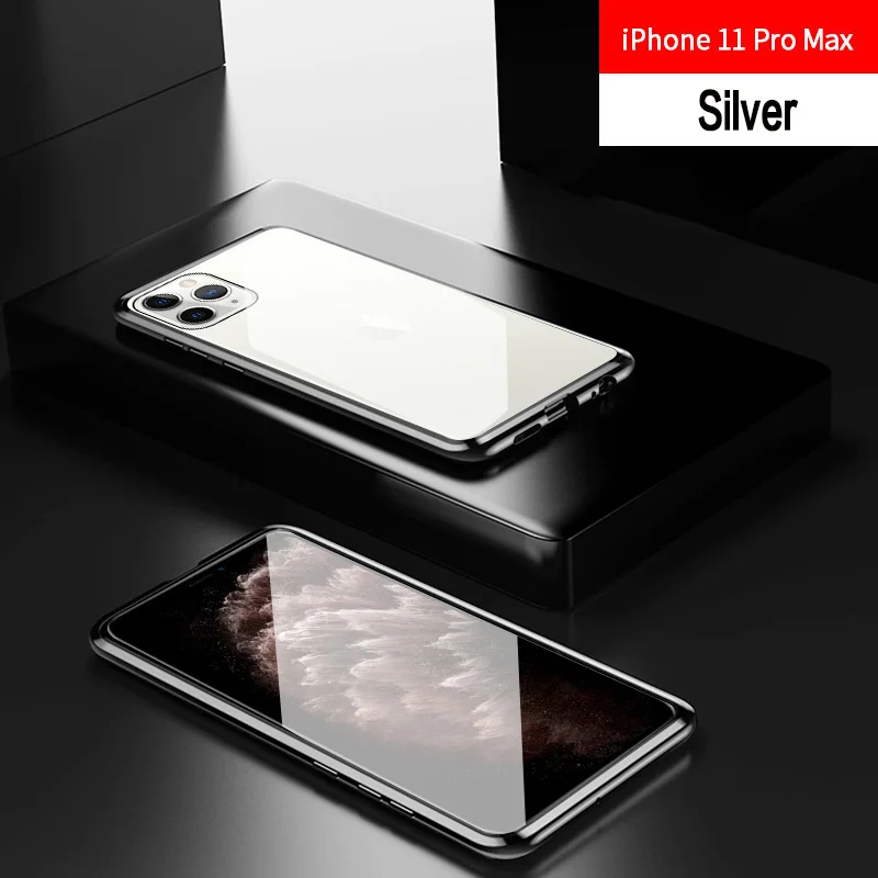 Магнитный чехол для iPhone 11 X Xr Xs Max 6 6s 7 8 Plus, противоударный чехол для iPhone 11 Pro Max, задняя крышка из закаленного стекла - Цвет: Серебристый