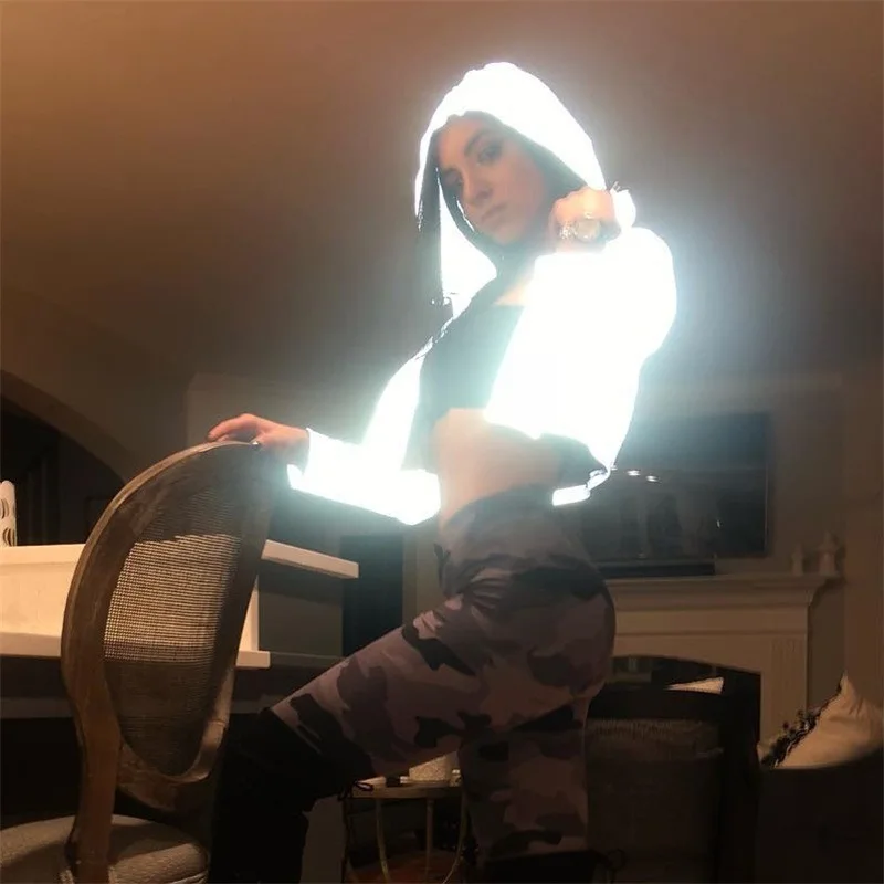 Women hip hop jacket reflective hoodie zipper pull cord patchwork top street run night flash | Женская одежда