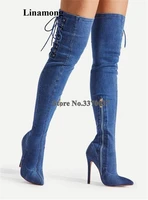 newest sexy women pointed toe over knee stiletto heel denim gladiator boots side lace up slim style long high heel boots heels