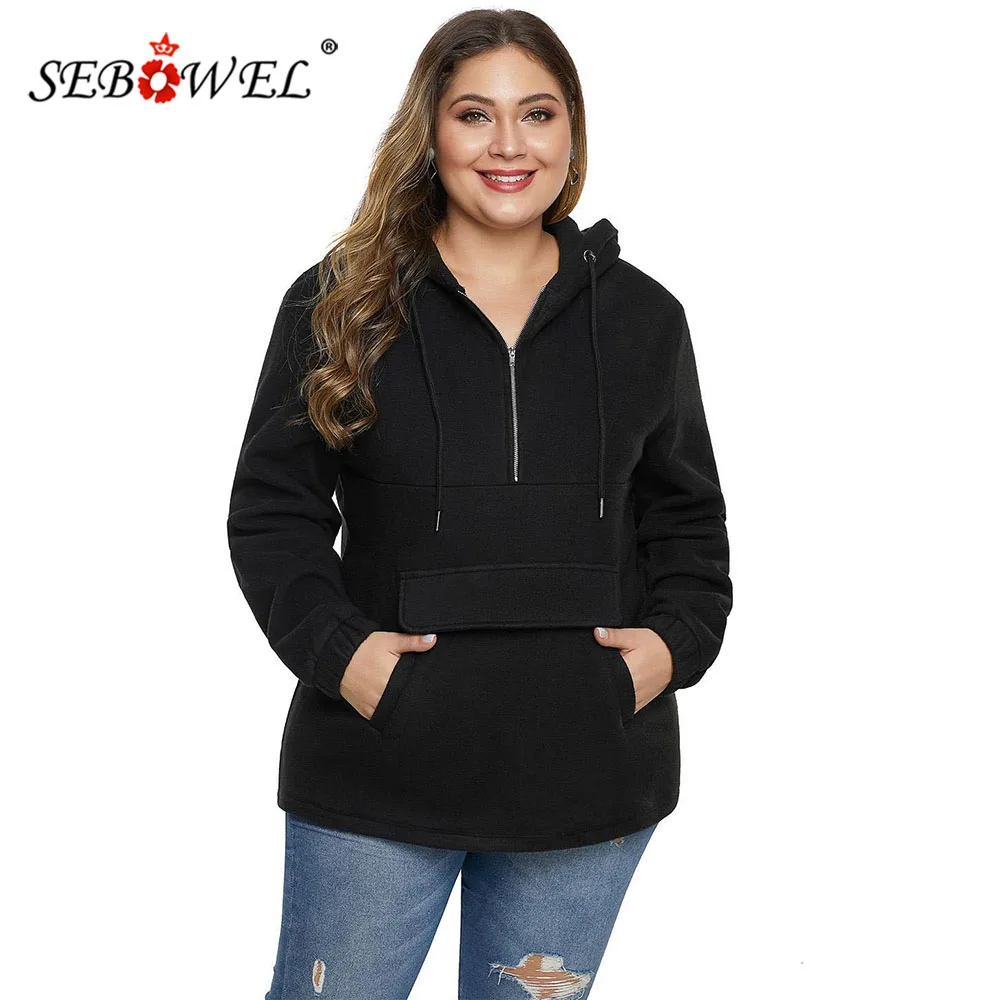 

SEBOWEL Plus Size Woman's Zip Neck Drawstring Hooded Sweatshirt with Kangroo Pocket Female Autumn Spring Long Sleeve Sweatshirts