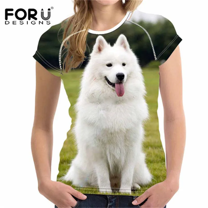 FORUDESIGNS/кавайная Футболка с принтом щенка самоеда для женщин; Летняя женская футболка с короткими рукавами; женская футболка с круглым вырезом