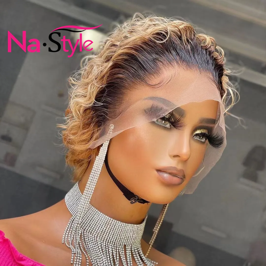 Парик из натуральных волос медовый блонд # 1B/27 стрижка Пикси Короткие парики