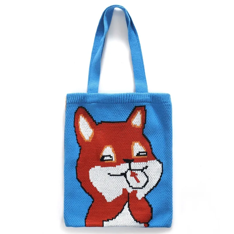 

Teenager Cute Cartoon Bog Blue Top-handle Tote Bag Female Casual Everyday Kawaii Anime Crochet Knitted Soft Open Shopper Handbag