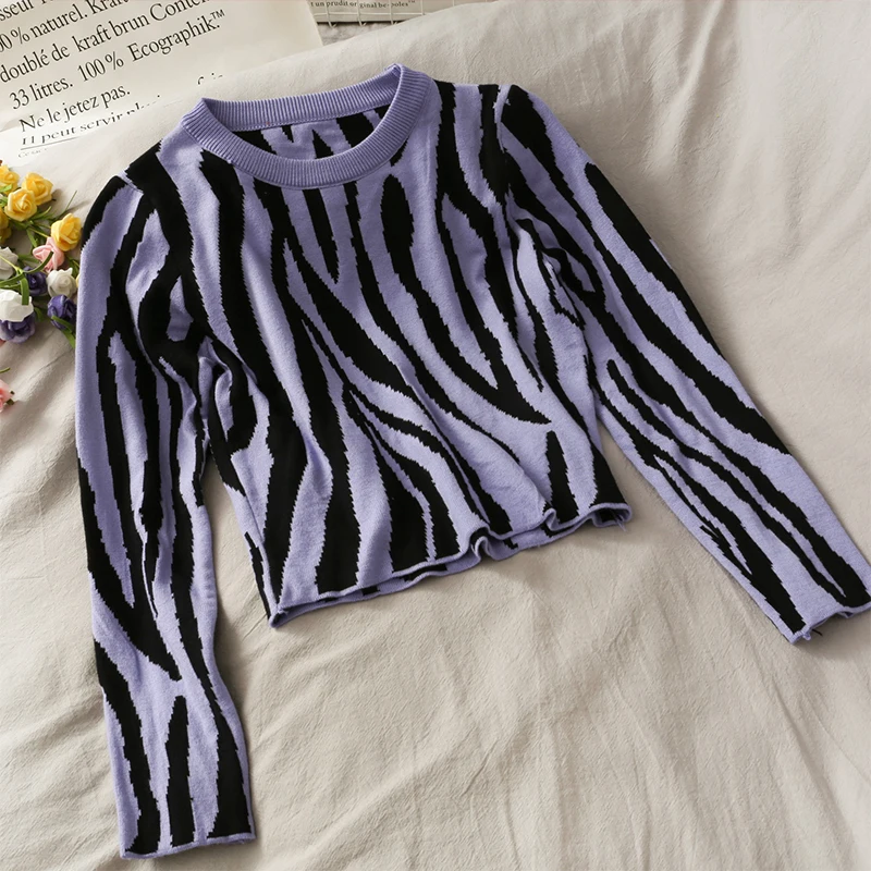 

Women Fashion Slim Zebra Printed Long Sleeves Bodycon Knitted Blouse Sweet Casual Outdoor Top Girls Elegant Daily Basic Shirt
