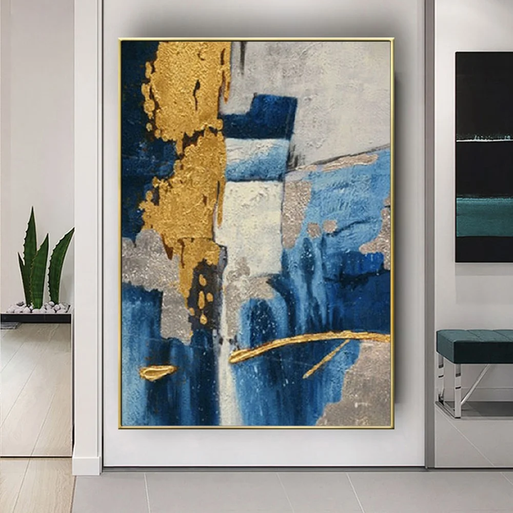 

100% Handmade Golden Blue Black Abstract oil Painting Modern Art Picture For Living Room decor Modern High Quality Canvas Art