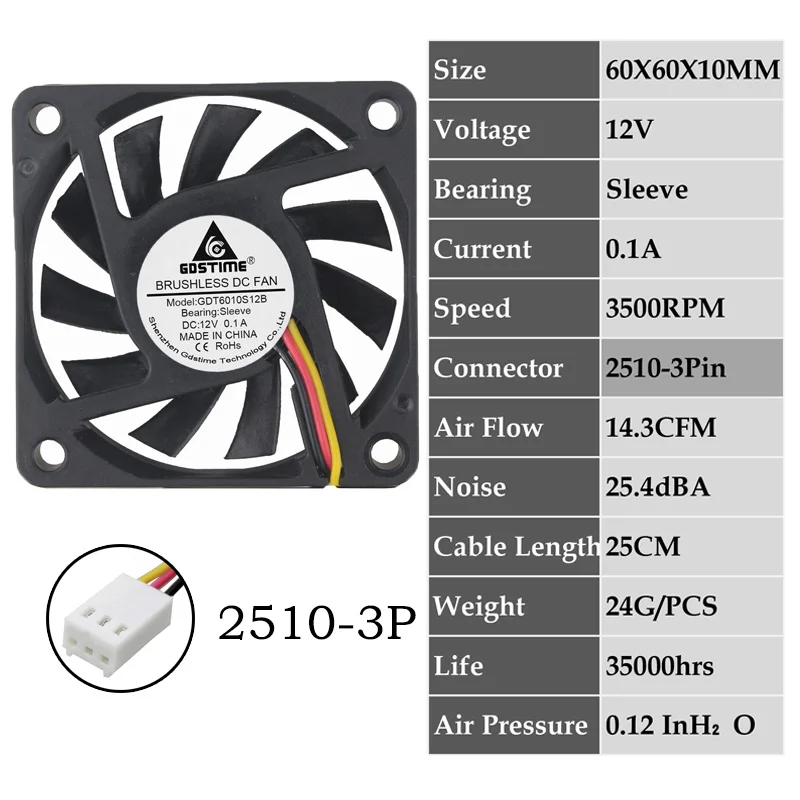 0.1A6010S12V2510-3P 2 шт. Gdstime 2Pin DC 5 в 12 В 24 в 24 вольт 6 см 60x60x10 мм 60 мм двойной шариковый подшипник Бесщеточный вентилятор охлаждения 60 мм x 10 мм кулер - Цвет лезвия: 0.1A6010S12V2510-3P