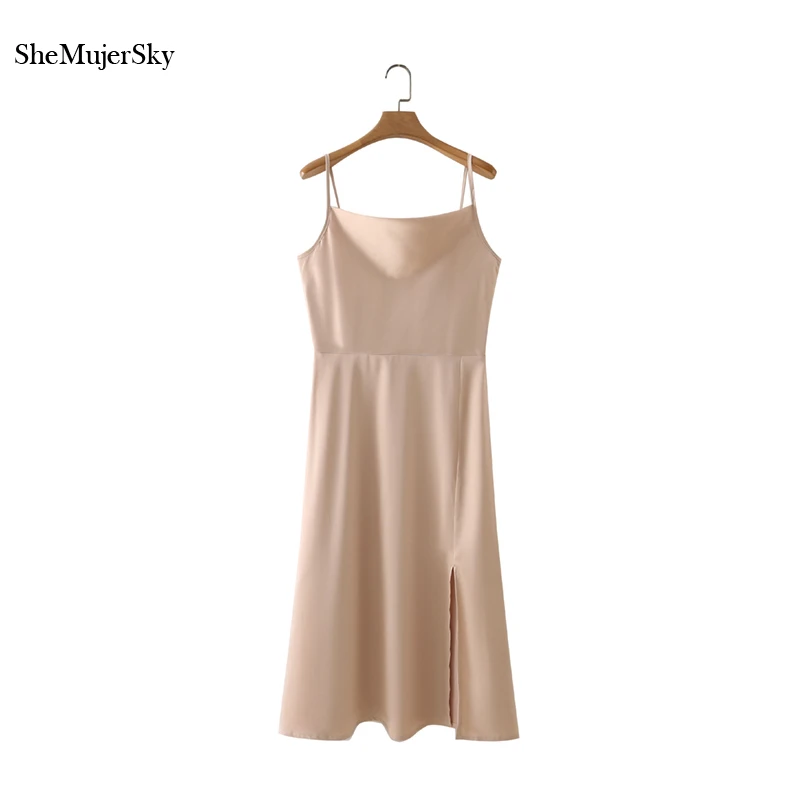 

SheMujerSky Women Camisole Khaki Dress 2021 Summer Side Split Midi Dresses Backless Sleeveless Satin Dress jurken