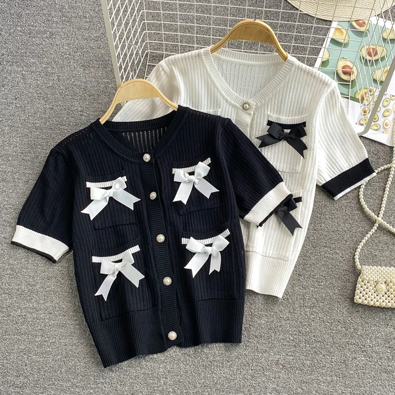

2021 Summer Sweet Bow Single Breasted Women Cardigans Korean Fashion Casual Sweater Thin Hollow Out Sweater Top Pull Femme