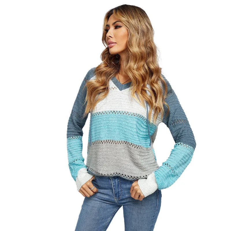 

Fall/Winter Women's Hooded Sweater Long Sleeve Loose Color Striped Pullover Top gray22