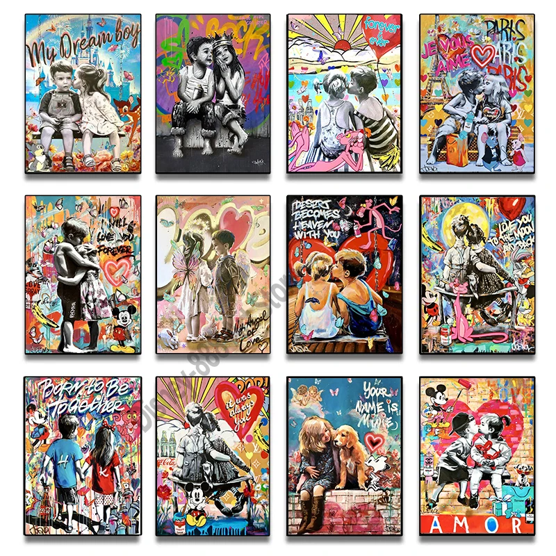 

Disney Mickey Mouse Catoon Poster Graffiti Boy Girls Kiss Lover Painting Canvas Print Abstract Picture Kids Room Home Wall Decor