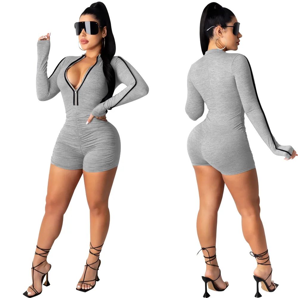 

Women Sexy Low Cut v-Neck Club Wear Jumpsuits Fashion Lady's Solid Full Sleeve Zipper Draped Bodycon Short Rompers 2020 Autumn