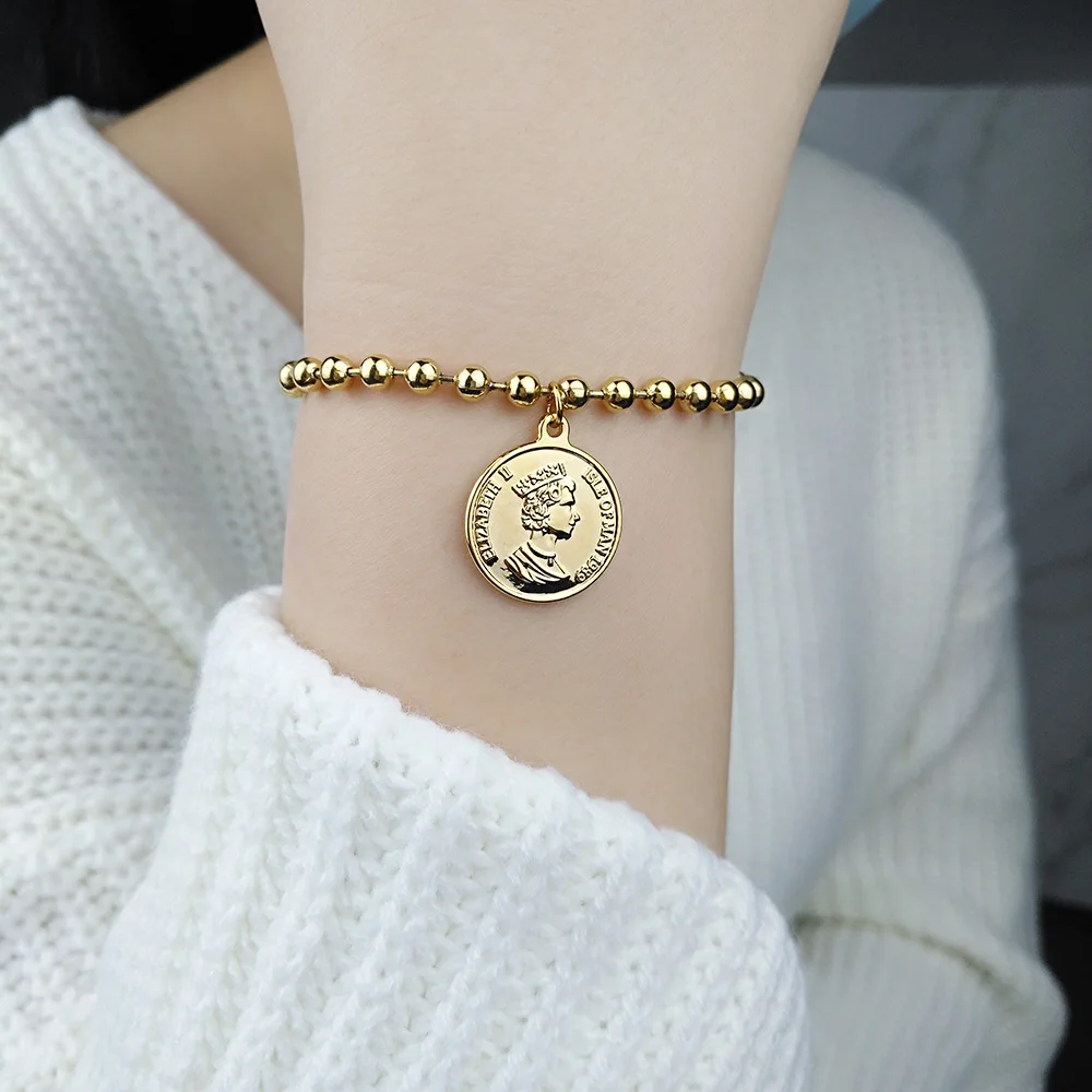 FINE4U B194 золото Цвет королевы Елизаветы II монета регулируемый браслет бусы из