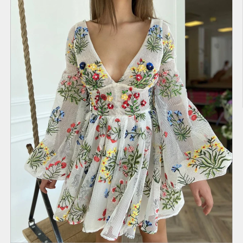

Женское Сетчатое платье с цветочной вышивкой, элегантное пляжное мини-платье с V-образным вырезом и рукавами-фонариками, лето 2021