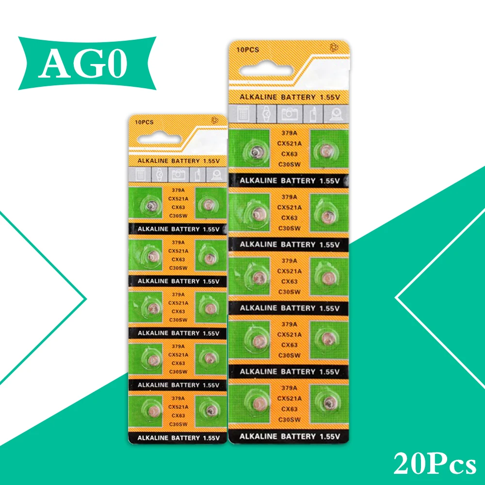 

YCDC 20pcs 1.55V AG0 Button Batteries 379 SR63 SR521 LR63 379A Cell Coin Alkaline Battery For Watch Toys Remote MP3