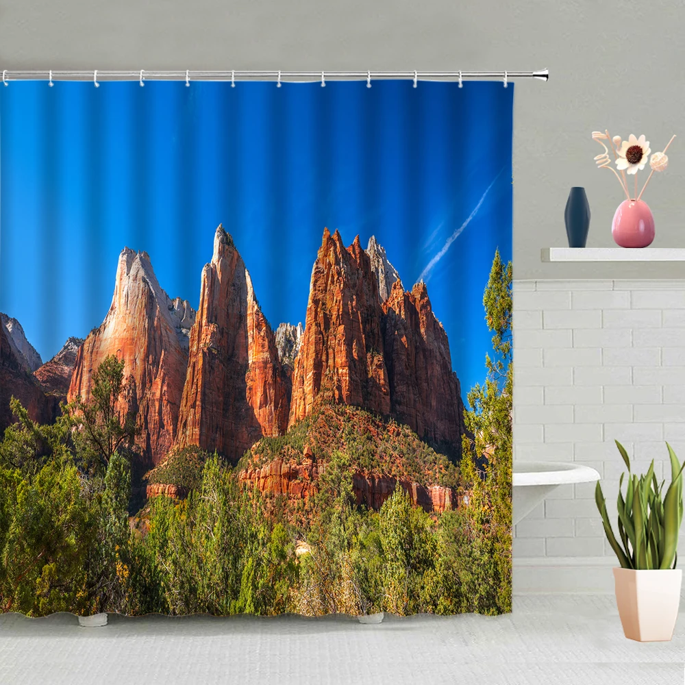 

Shower Curtain Snow Mountain Sunset Island Forest Flowers House Natural Scenery Bathtub Decoration Shower Curtains With Hooks