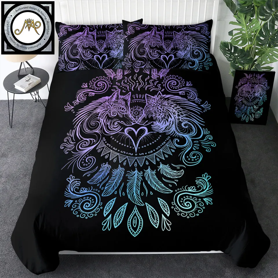 Набор постельного белья с изображением сердца волков от SunimaArt синий и фиолетовый