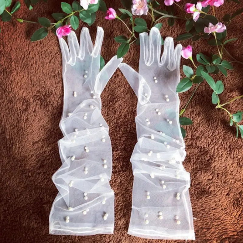 

Bride Wedding Dress Accessories Long Gauze Artificial Pearl White Gloves E15E