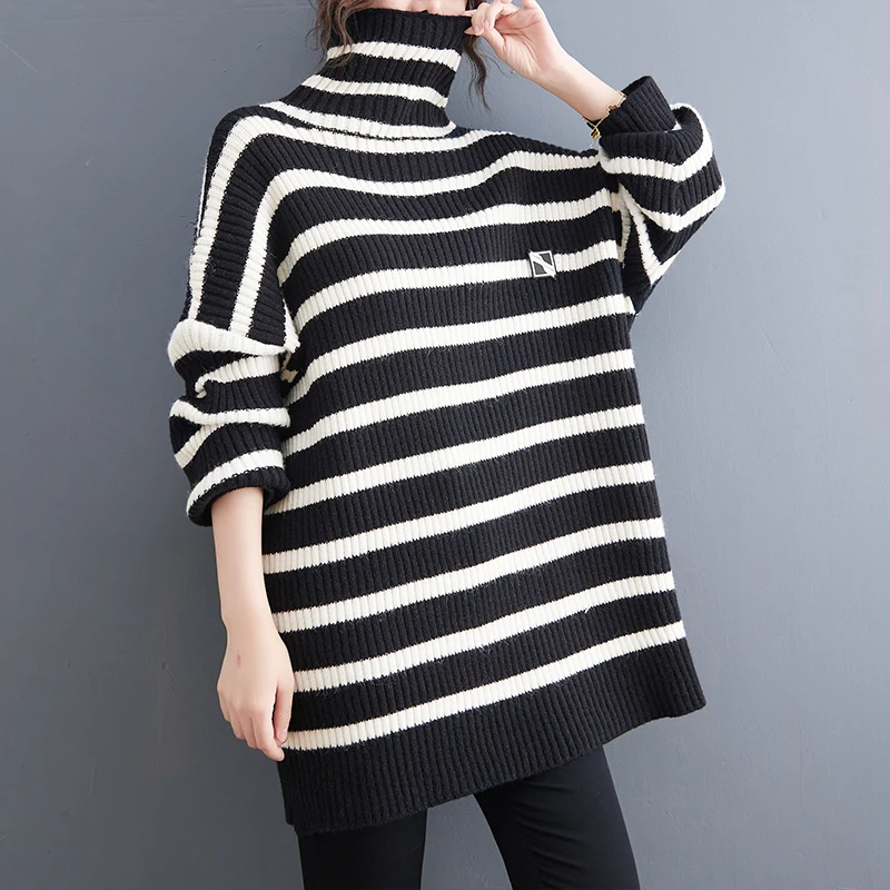 

SuperAen Plus Size Women's Autumn Winter Clothes Stripe Long Loose Thickened Turtleneck Sweater Top