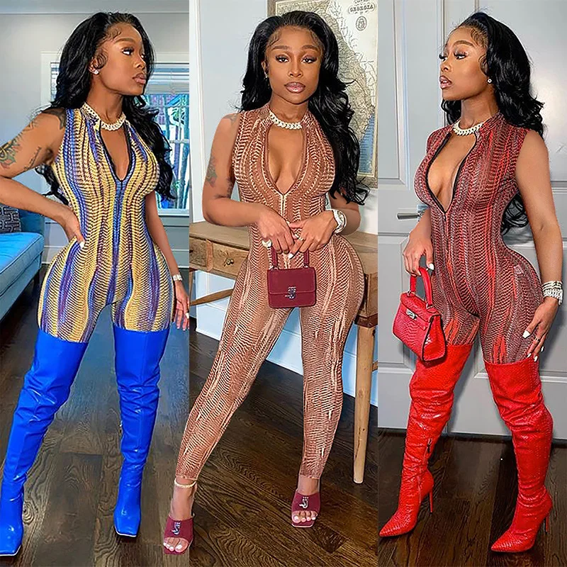 

2021 New European and American Women's Sexy Deep V Stripe Sleeveless Pants Tight Jumpsuit Womens Pants Pants Plus Size Clothes