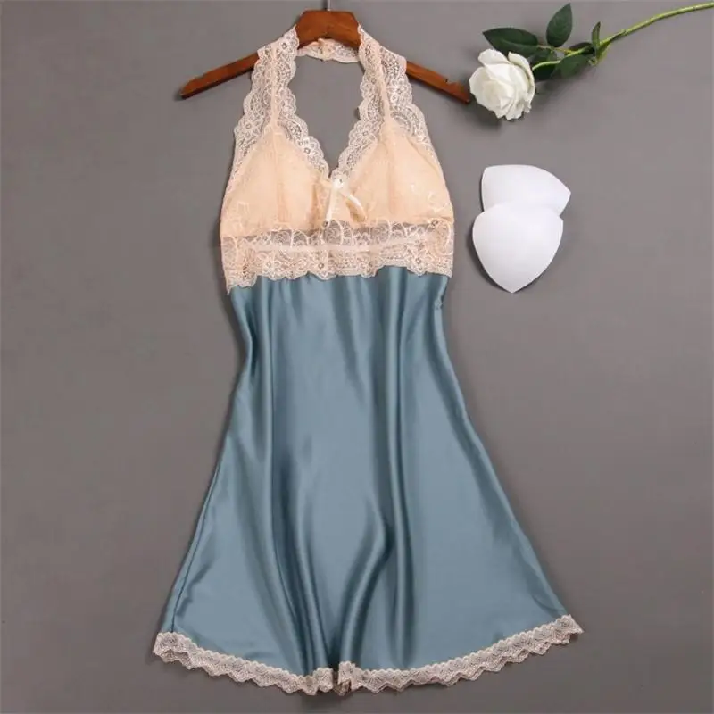 

Women Hang neck style Nightdress Sexy mini dress Soft Comfortable Satin Lace Sleepwear Sling V-neck nightgown