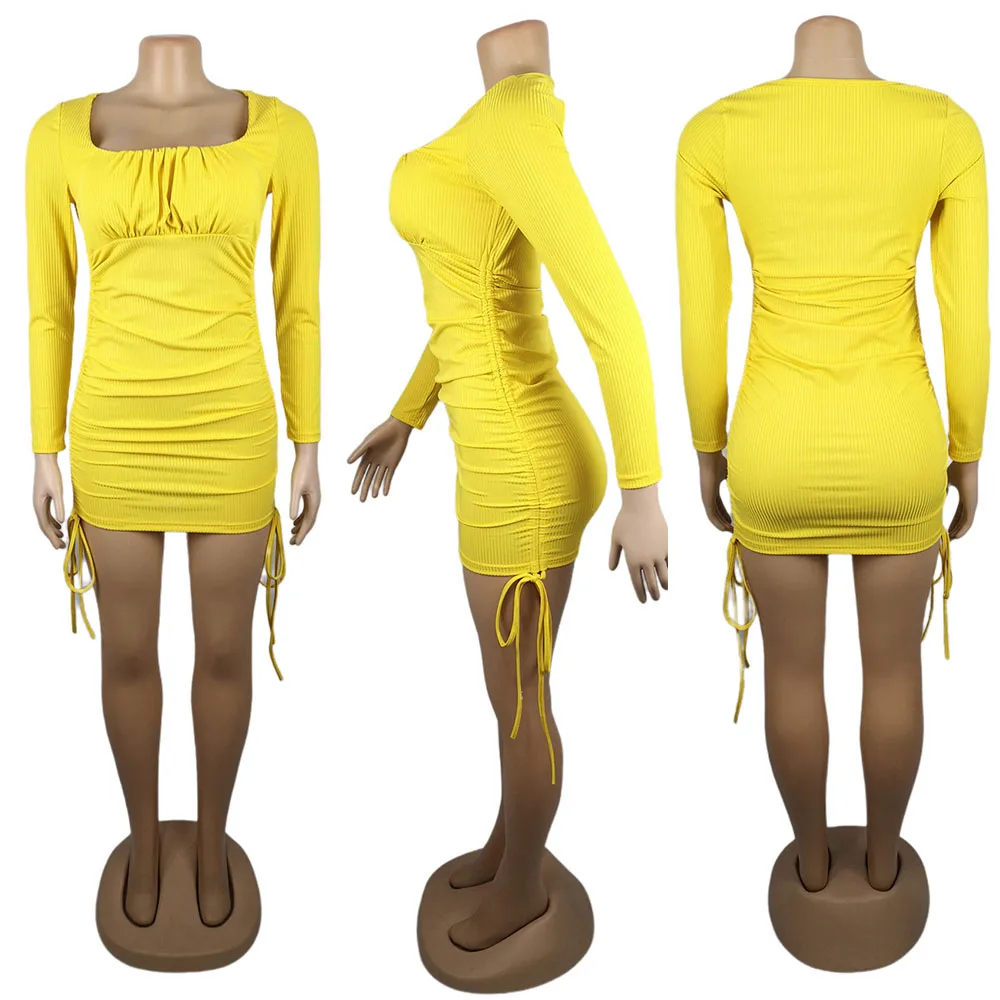

SEBOWEL Autumn Women Sexy Square Neck Skinny Ruched Dress Female Long Sleeve Solid Color Drawstring Bodycon Mini Dresses S-XL