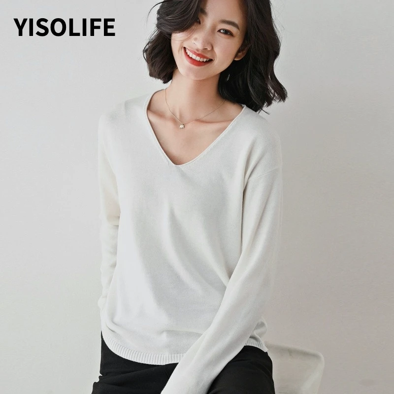 

YISOLIFE Crew Neck Pullover Women's Loose V-neck Large Size Elasticity Long Sleeve Base Solid Color Sweater In-laying Pullover